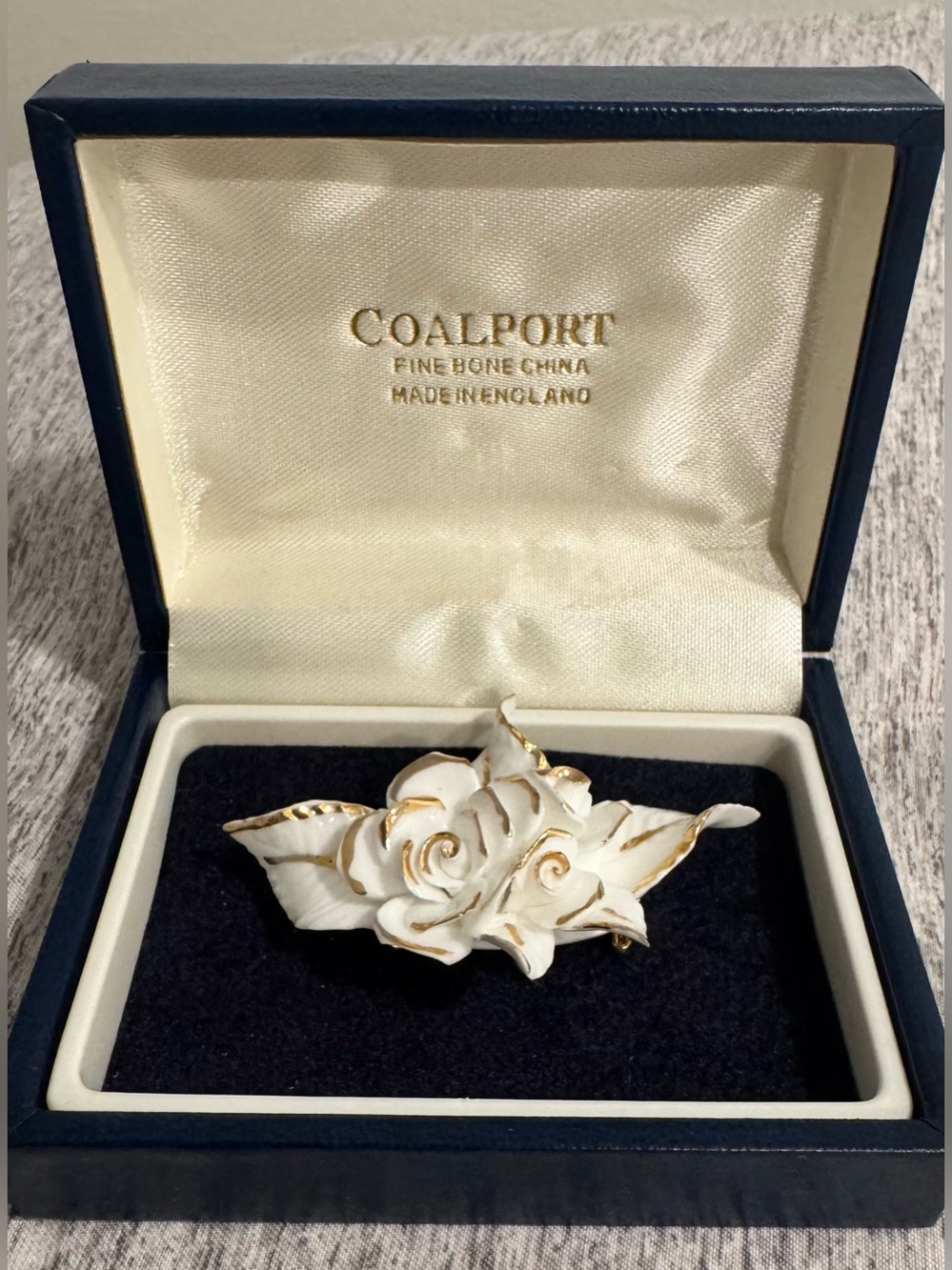 Fine Bone China White Rose Brooch with Gold Trim, Made In England by Coalport